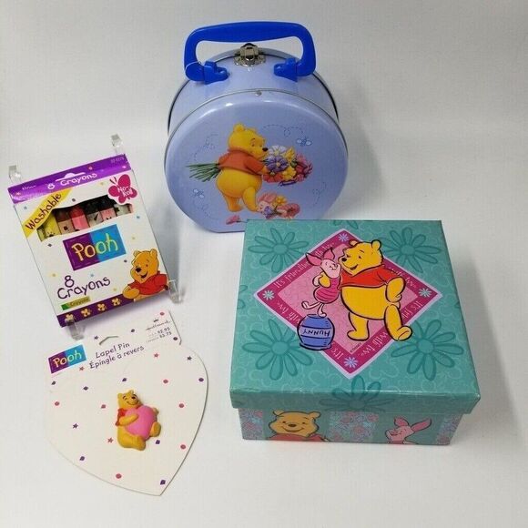 Vintage Disney Pooh Pin Gift Box Crayons Lunch Box Desk Set New Lot 4 - Picture 1 of 8